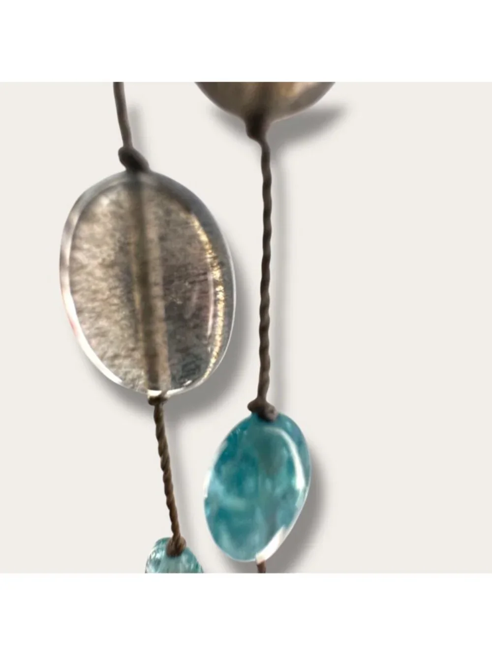Handcrafted Sea Glass Bead Necklace Hand Knotted Aqua & Smoky Bead 36 inch EVC
